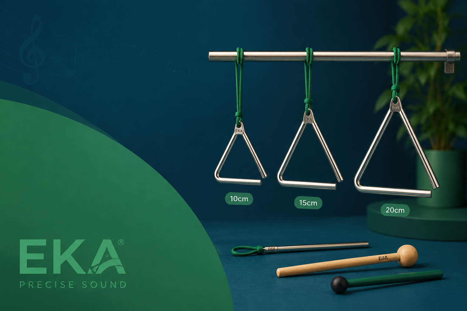 ساز مثلث استیل EKA تولید شده در سه سایز مختلف همراه با مضراب استیل، چوبی و پلاستیکی و کاور محافظ